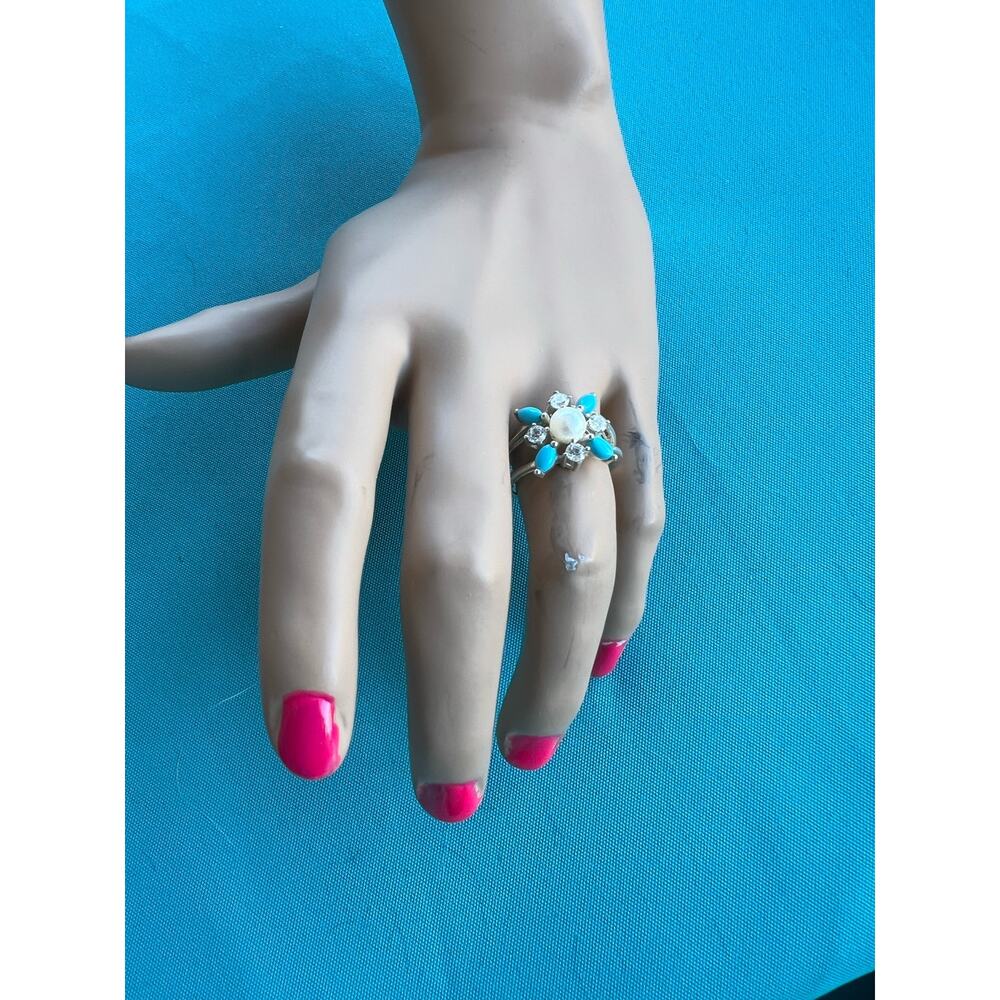 Sterling Silver Faux Pearl Rhinestones and‎ Blue Chips Flower Size 8.25